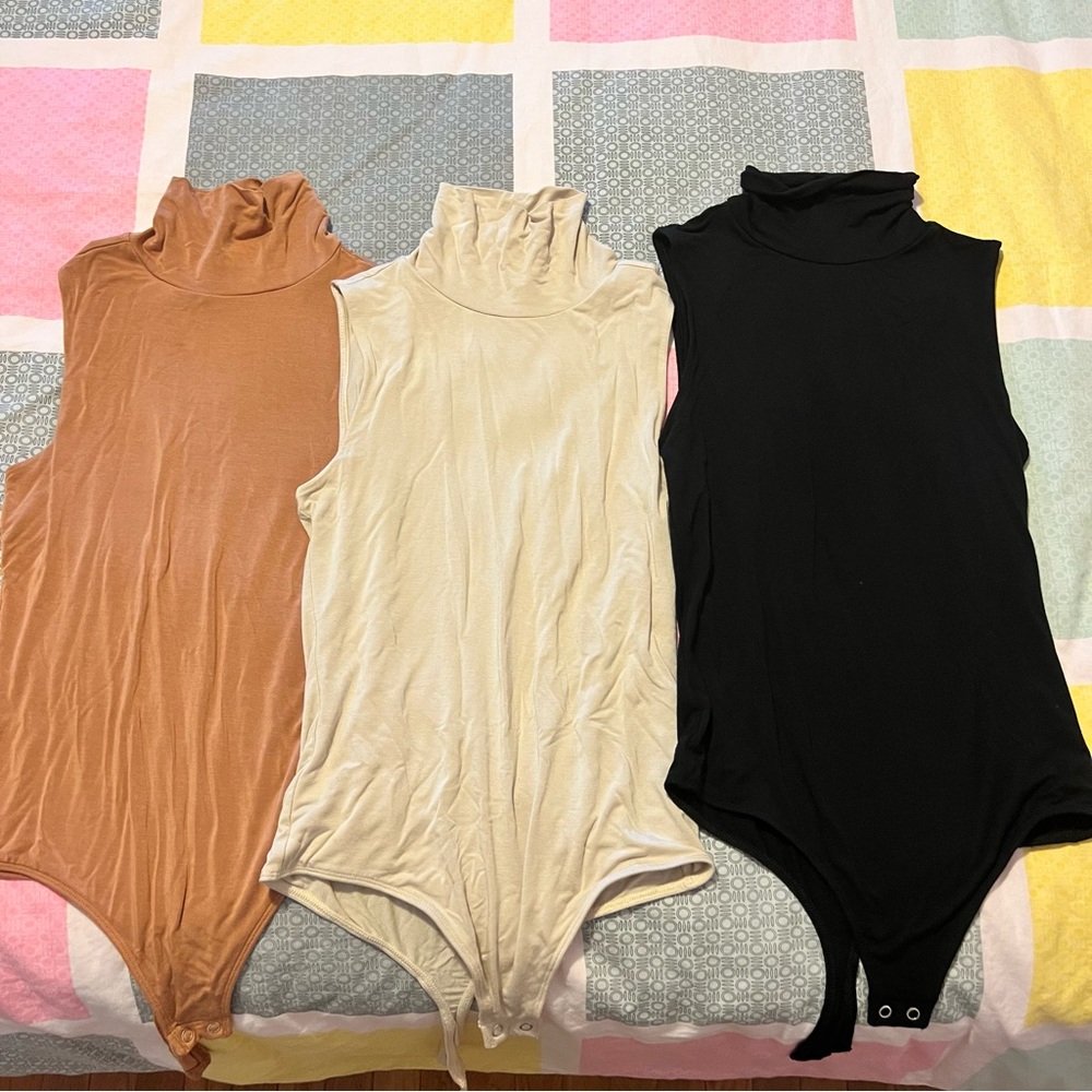 Express Mock Neck Bodysuits - Coral/Nude, Cream, and Black (all size small)